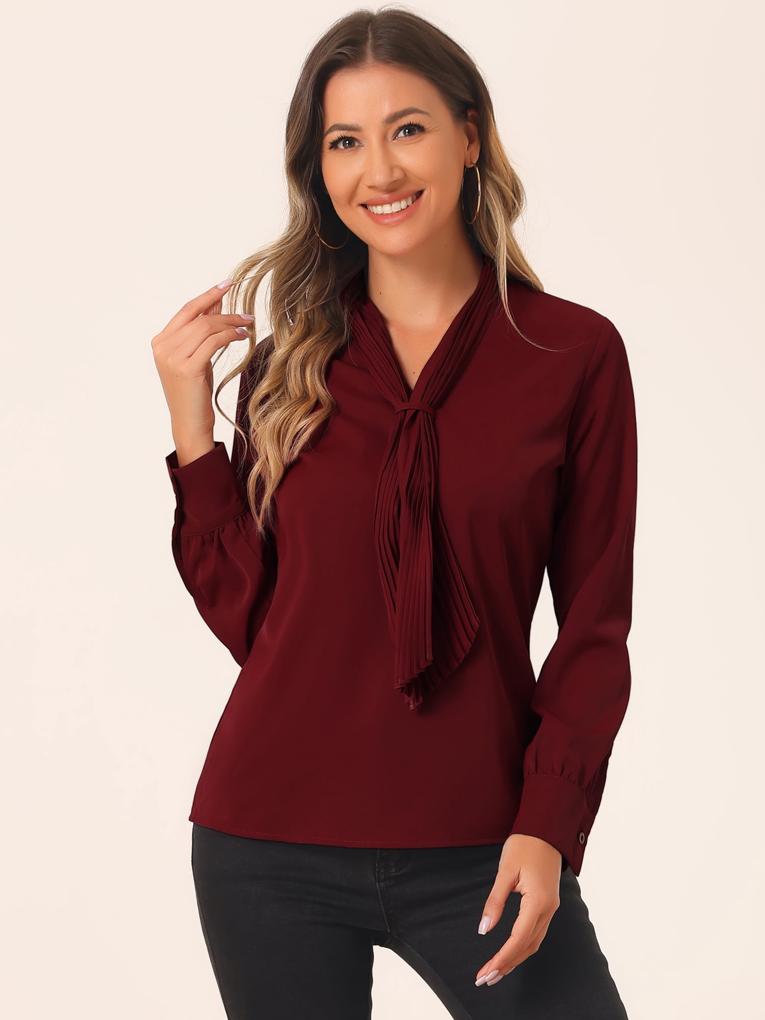 DARING DIVA Work Office Blouse Pleated Top Shirt L Dark Red