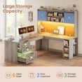 thumbnail image 3 of SEDETA L Shaped Desk with Hutch, Farmhouse Computer Desk with Drawers, Sliding Doors, Open Shelves, Corner Home Office Desk with Power Outlets & LED Lights, Wood Writing Desk, Grey, 3 of 8