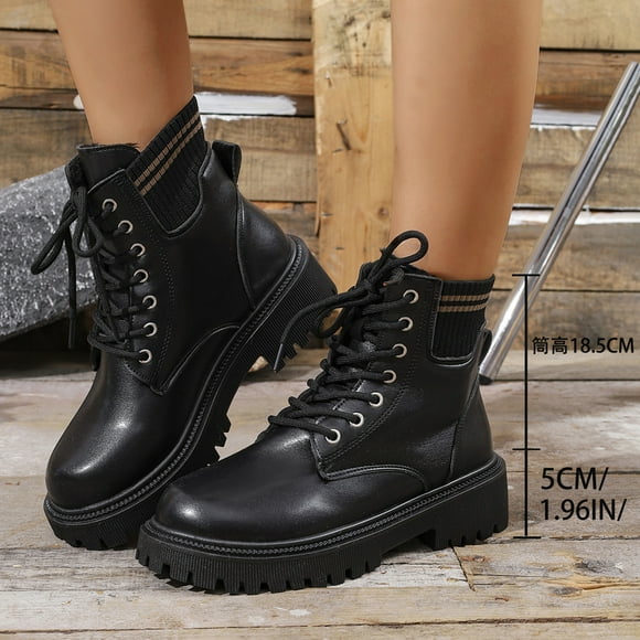 AUNVITO Bottines à Talon Bas Épais pour Femmes, Tricotées, à Lacets, Bout Rond, pour l'Hiver Décontracté en Plein Air