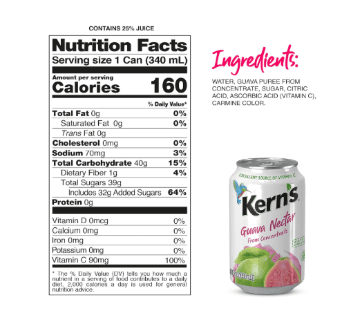 Kern’s-Guava Juice Nectar- Guava Nectar Made with Fresh Fruit Puree - Tropical Fruit Juice Concentrate for Smoothie Mix, Cocktail Mixers & Kids Drinks & Beverages - 11.5oz, 24 Pack Canned Drinks
