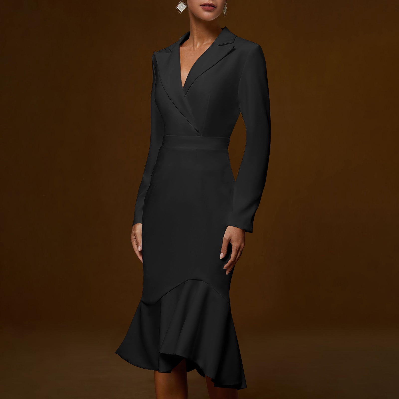 Women's Ruffle Hem Wear to Work Blazer Dresses - Elegant Long Sleeve High Low Bodycon Mermaid Cocktail Dress
