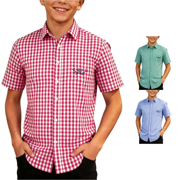 RMGVDSD Boys Plaid Button Down Shirts Classic Fit Short Sleeve Gingham Tops For School Casual Festival Kids Dress Shirt 9-10 Years