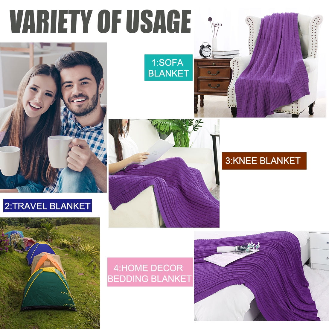 Unique Bargains 100% Cotton Soft Cable Knit Blanket Purple Throw(47" x 70")