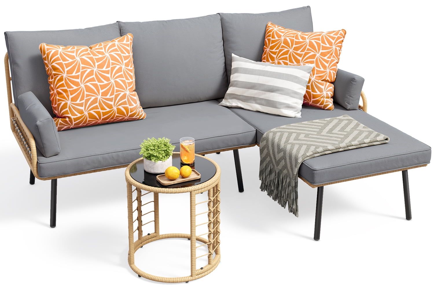 3-Piece Outdoor L-Shaped PE Wicker Conversation Set, All-Weather Waterproof Patio Furniture with Thick Cushions & Tempered Glass Coffee Table- Grey