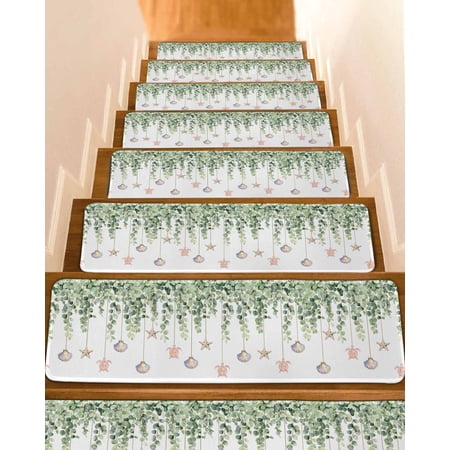 Eucalyptus Leaf Stair Treads for Wooden Steps Indoor Runner Rug Carpet Coastal Beach Starfish Nautical Ocean 15 Pieces Peel and Stick Staircase Step Treads Covers Washable Throw Door Mats 30 x8