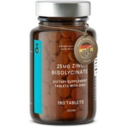 Zinc 25mg Vegan Certified | 180 Tablets (6 Months Supply) | High Strength Zinc Bisglycinate Supplement | Supports Your Immune System, Hair, Skin & Nails | Highest Bioavailability
