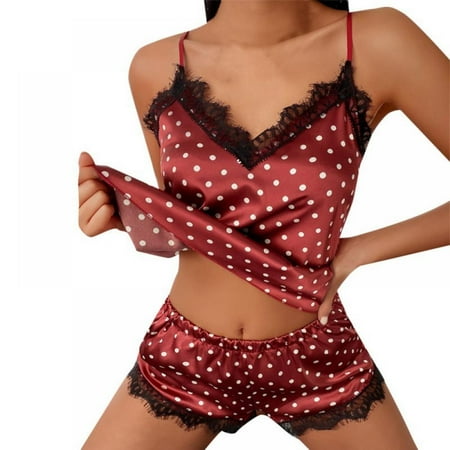 

Novobey Women Cami Pajama Set V-neck Wave Point Printing Lace Sexy Suspender Pajamas Suit