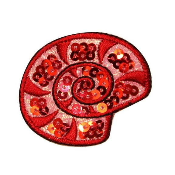 ID 0334 Red Spiral Seashell Patch Ocean Conch W/ Sequins Iron On Applique