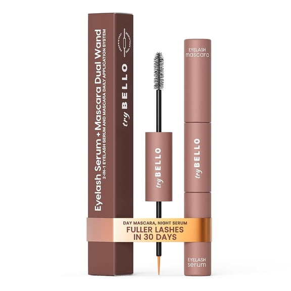 Trybello 2-in-1 Eyelash Growth Serum Mascara Dual Wand | Natural Lash Growth Booster with Biotin, Peptides & Botanical Extracts | Volumizing, Thickening & Lengthening Formula for Fuller Eyelashes