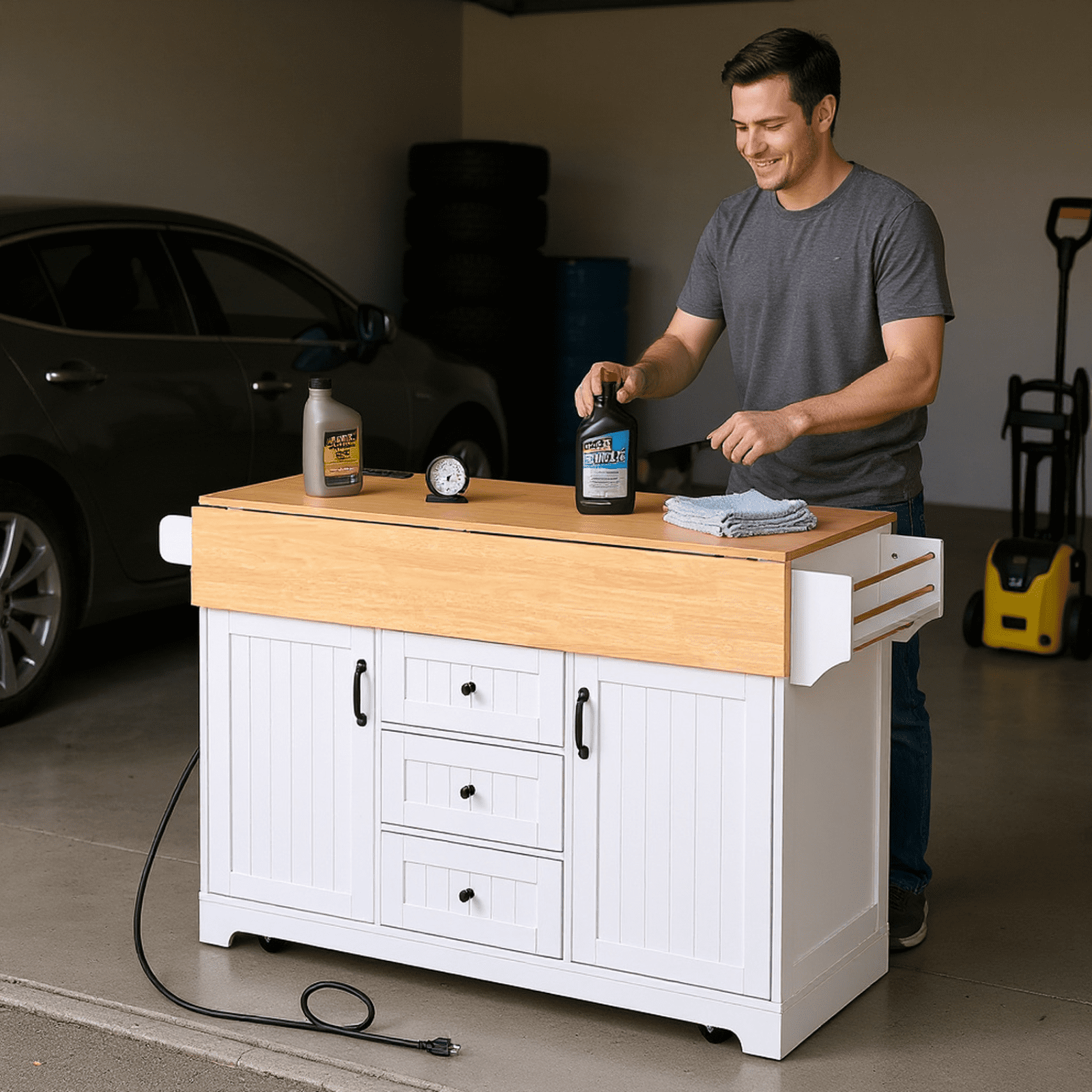 Homy Casa Rolling Large Garage Storage Cabinet with Dual Drop Leaves, Power Outlets for Office Gym, School