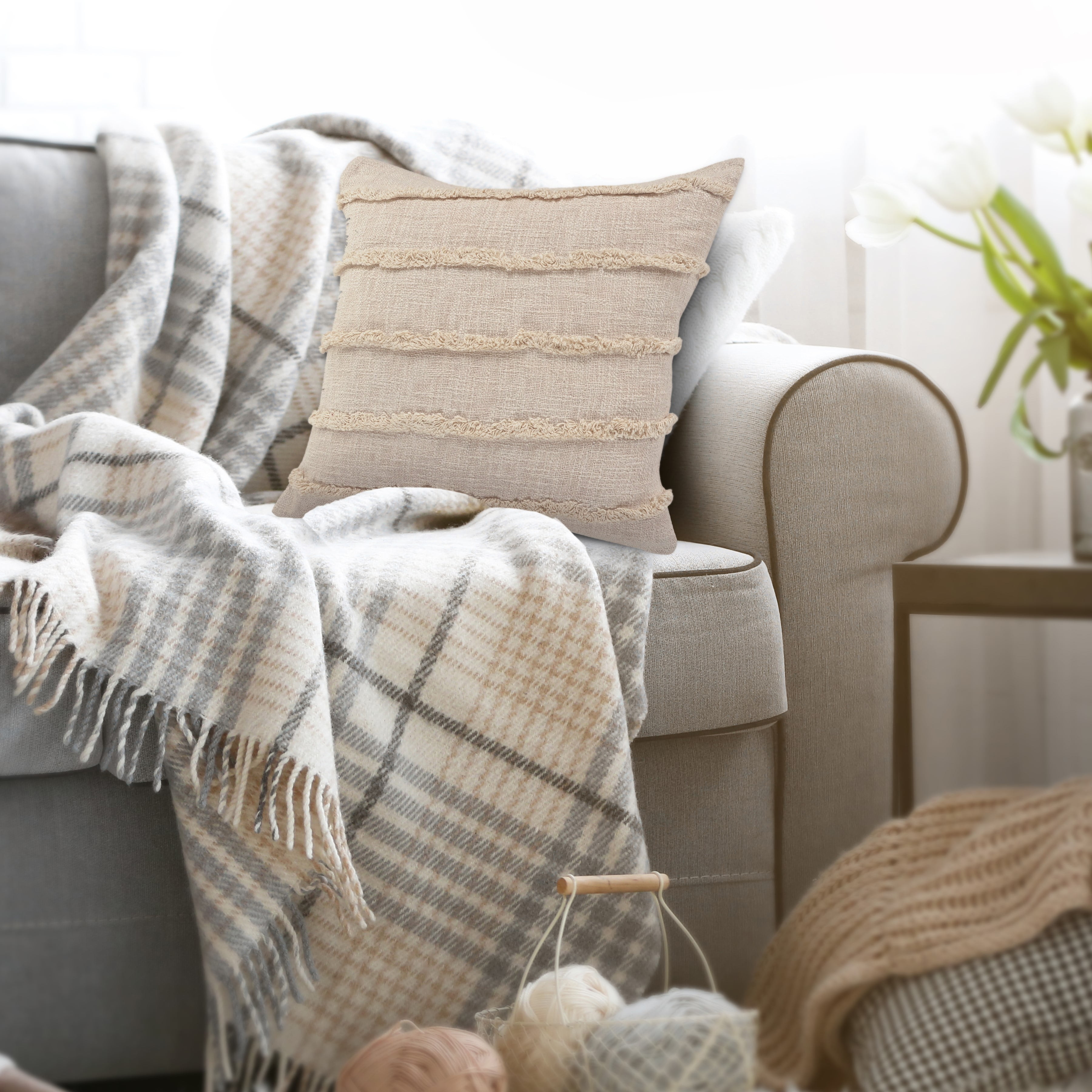 Ox Bay Sindy 20" x 20" Beige Shag Striped Cotton Adult Decorative Throw Pillow Cover