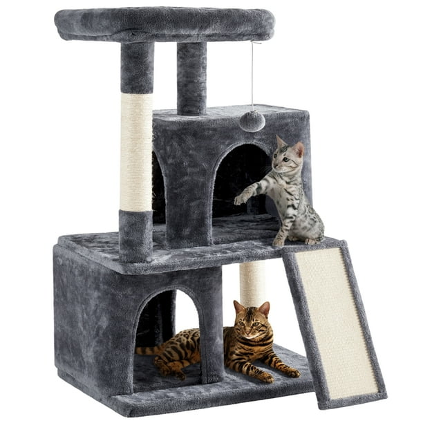 Easyfashion 3 Tiers Plush Cat House with Double Condos, Dark Gray ...