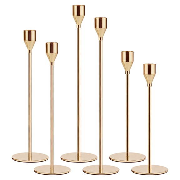 Gold Metal Taper, 6-Pack Decorative Candlestick Holders, Sturdy Table Centerpieces for Wedding Dining Party Events