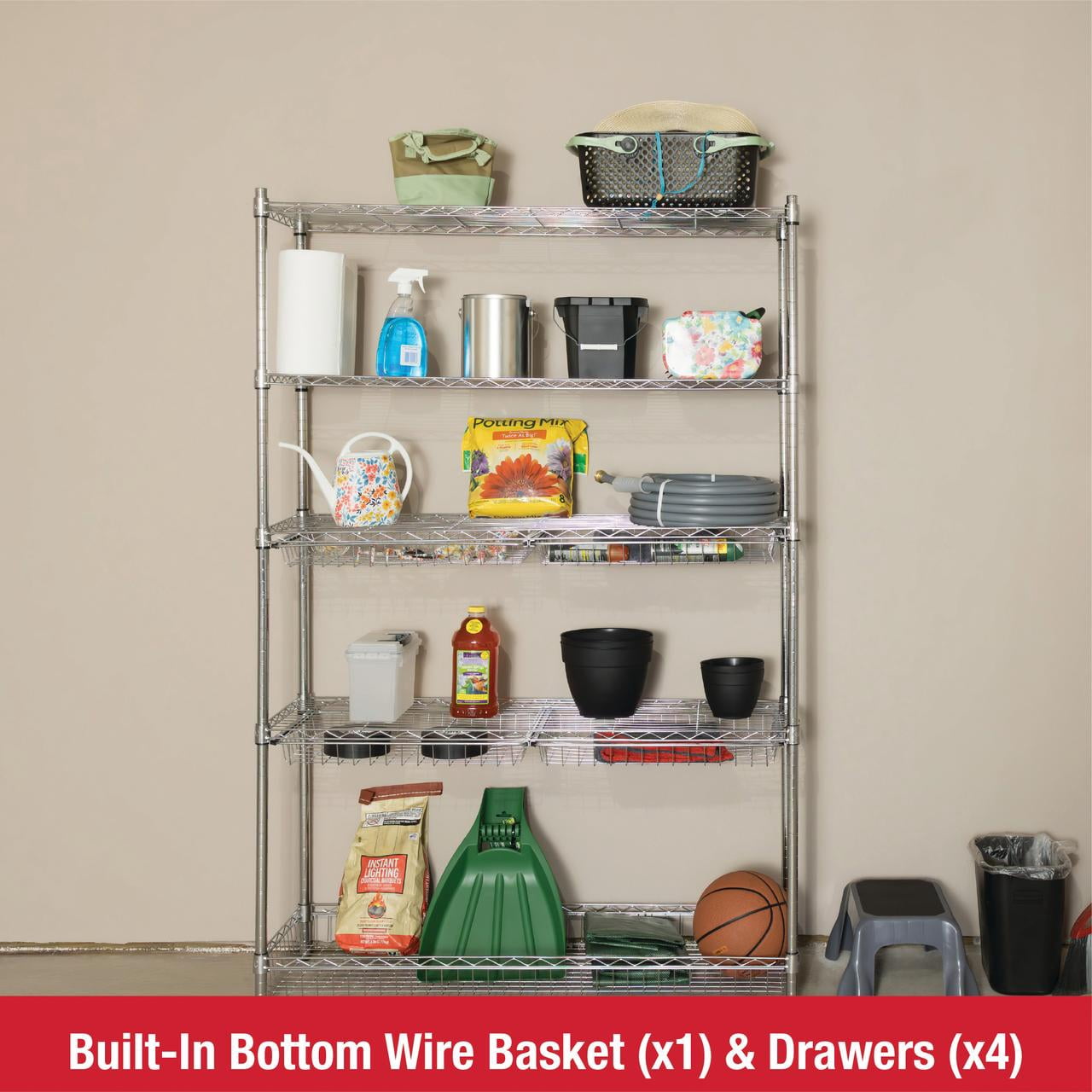 Rubbermaid 5-Tier Deluxe Heavy Duty Chrome Wire Shelving Unit with Drawers & Basket, 1520lb Capacity