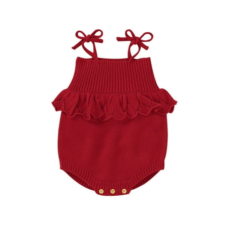 

QUYUON Newborn Infant Ribbed Knit Rompers Toddler Baby Girls Spaghetti Strap Ruffle Flounce Knitted Jumpsuits One-Piece Bodysuits Outerwear Sweater Coat Red 100