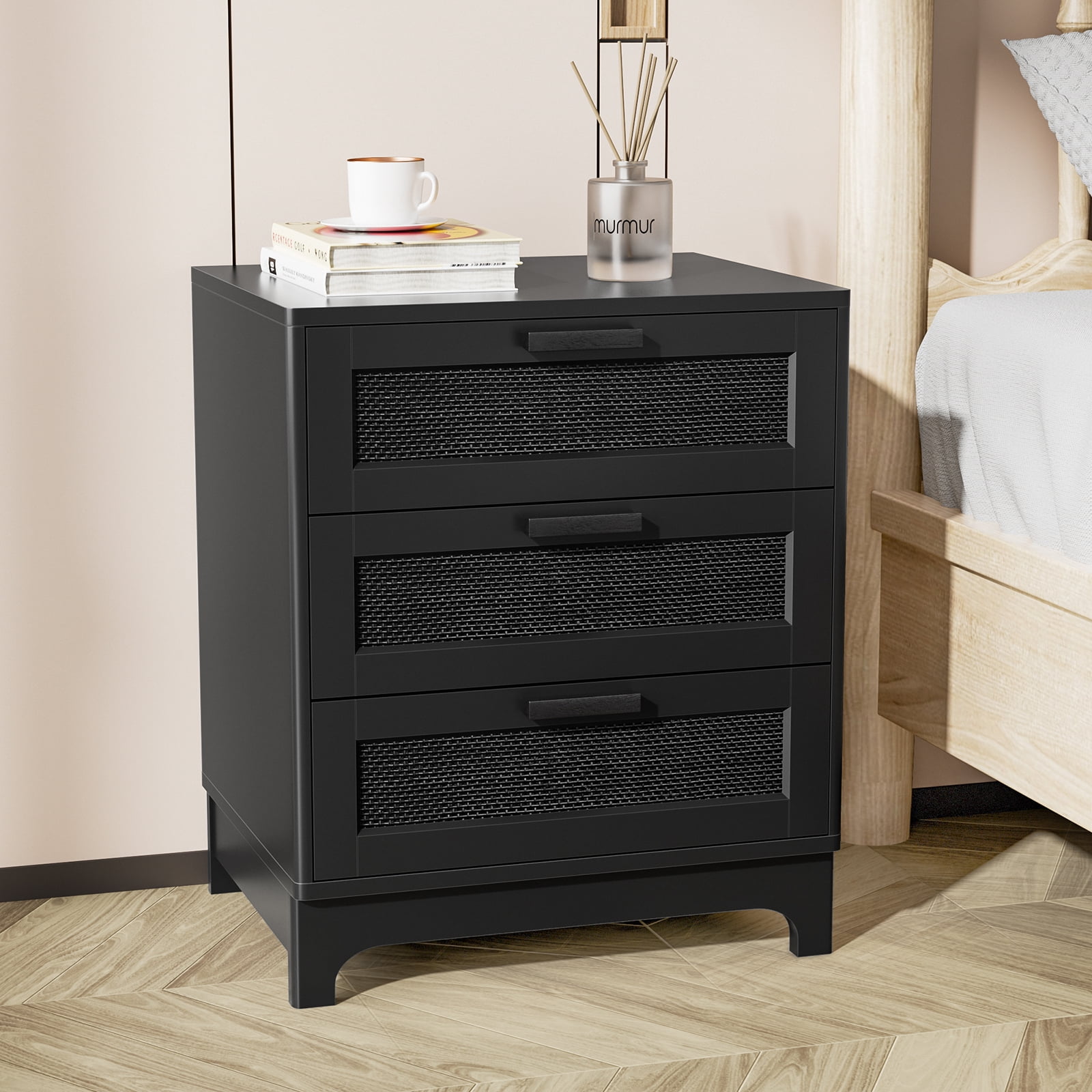 Eumyviv Tall Bedside Nightstand with 3 Drawers, Rattan Wood, Black