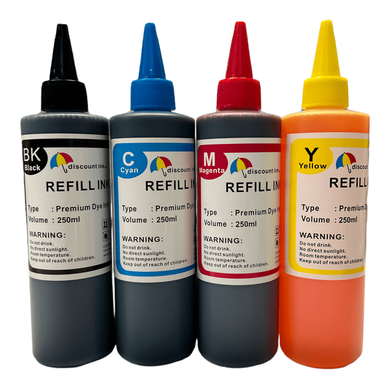 effektivt Bære lukke 250ml Dye Bulk Refill Ink Bottles Compatible with Epson Workforce EcoTank  HP Officejet Deskjet Envy Brother MFC Canon Pixma Printers - Pack of 4 -  Walmart.com