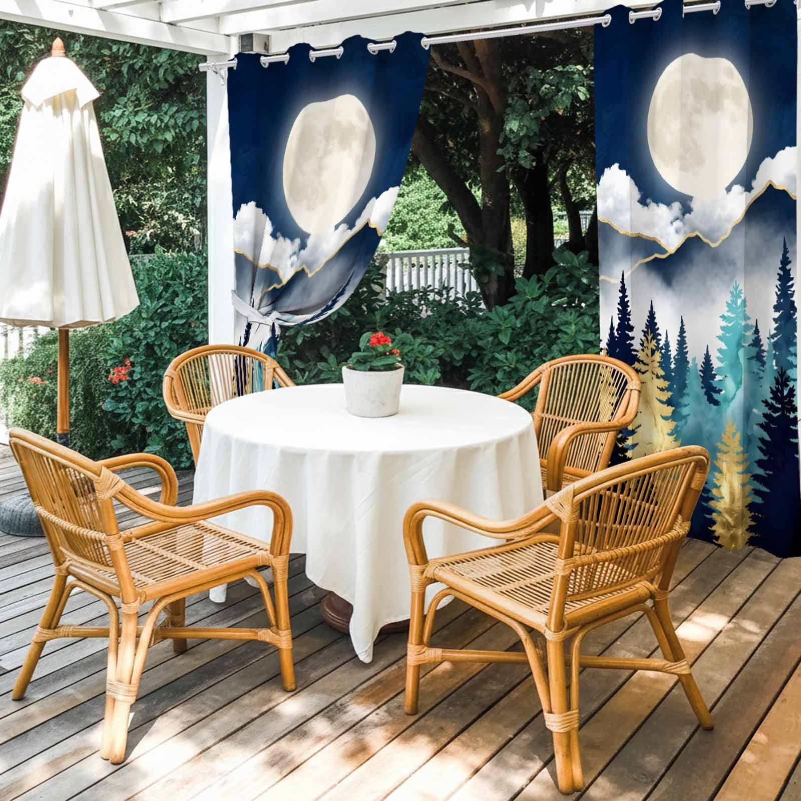 Night Forest Outdoor Curtains for Patio, Mountain Cloud Moon Gold Teal Pine Tree Sunshade Privacy Drapes Grommet Waterproof Outside Curtains for Porch/Cabana/Balcony 54"x 108", 1 Panel