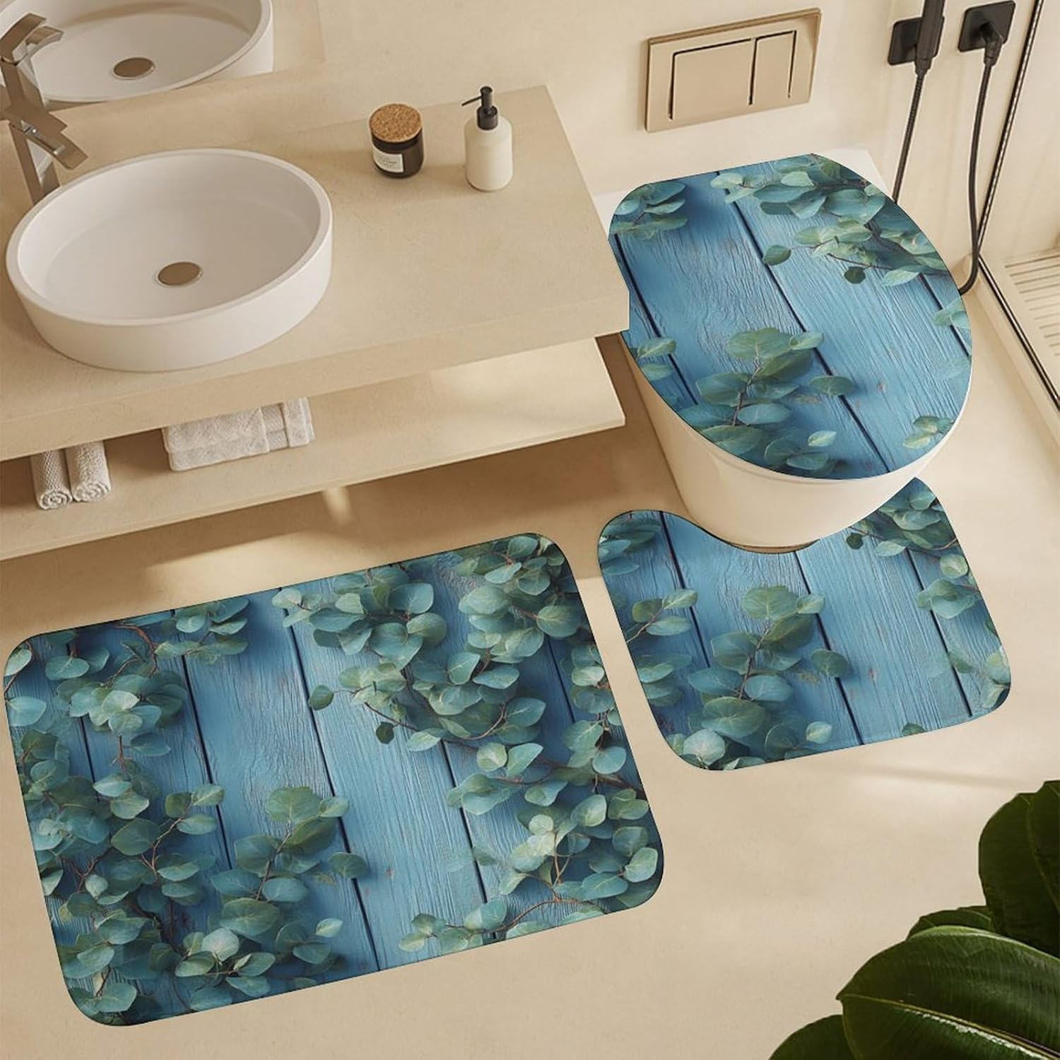 Bathroom Shower Curtain Sets with Rugs, Eucalyptus Leaves Pattern Printed on Bath Sets for Bathroom Accessories, Perfect for Bathroom Hotel Dorm Spa Home, 72 x 72 inches