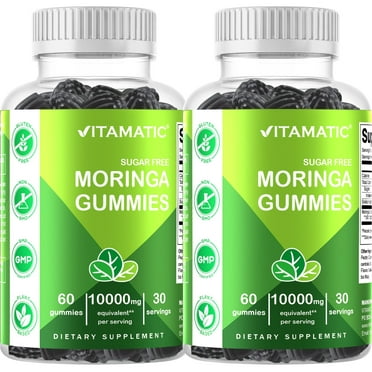 Vitamatic 2 Packs Sugar Free Moringa Gummies - 10000 mg Equivalent per Serving - Complete Green Superfood - 60 Pectin Based Gummies - 2 Pack