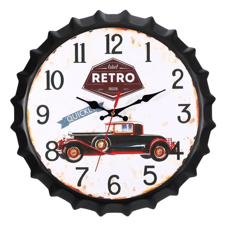 Uxcell Beer Cap Wall Clock 14 Inch, Retro Industrial Silent Non-Ticking Metal Clock for Man Bar Pub Garage Room Decor, Black Classic Car Design