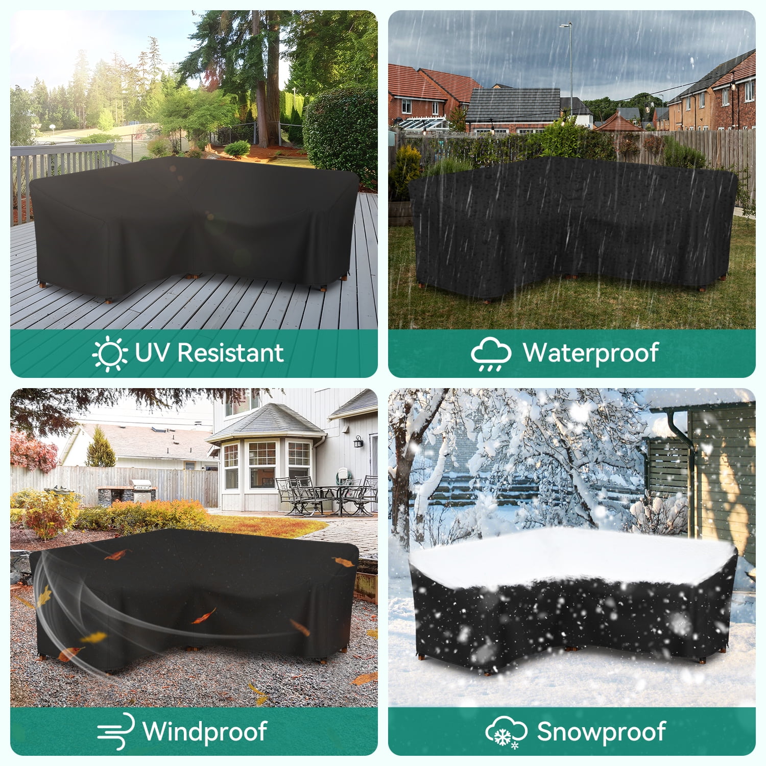 Adiqo Waterproof Patio Sectional Sofa Cover V-Shaped 5-Seater, Outdoor Couch Furniture Cover, 85" x 85" x 34" x 32"H, Black