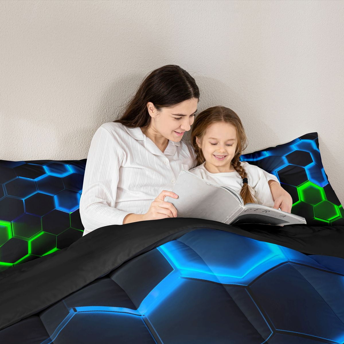 Honeycomb Bedding Comforter Set Twin Size,Geometry Hexagon Theme with Green Blue Neon Lights Quilt Set,Boys Teen Man Chic Creative Home Bedding Set Duvet Insert,Black