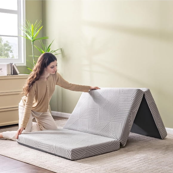 Folding Mattress, 4 Inch Queen Tri Folding Memory Foam Mattress for Camping Guest Bed, Washable Cover & Non-Slip Bottom, 80" x 60" x 4", Grey