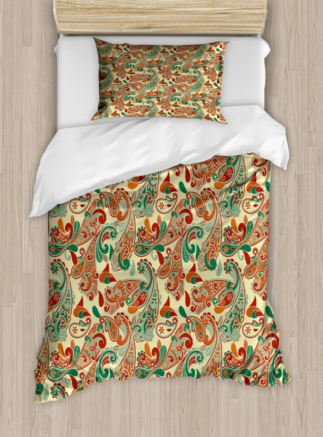 Ethnic Duvet Cover Set, Paisley Leaves with Asian Folk Culture Effects