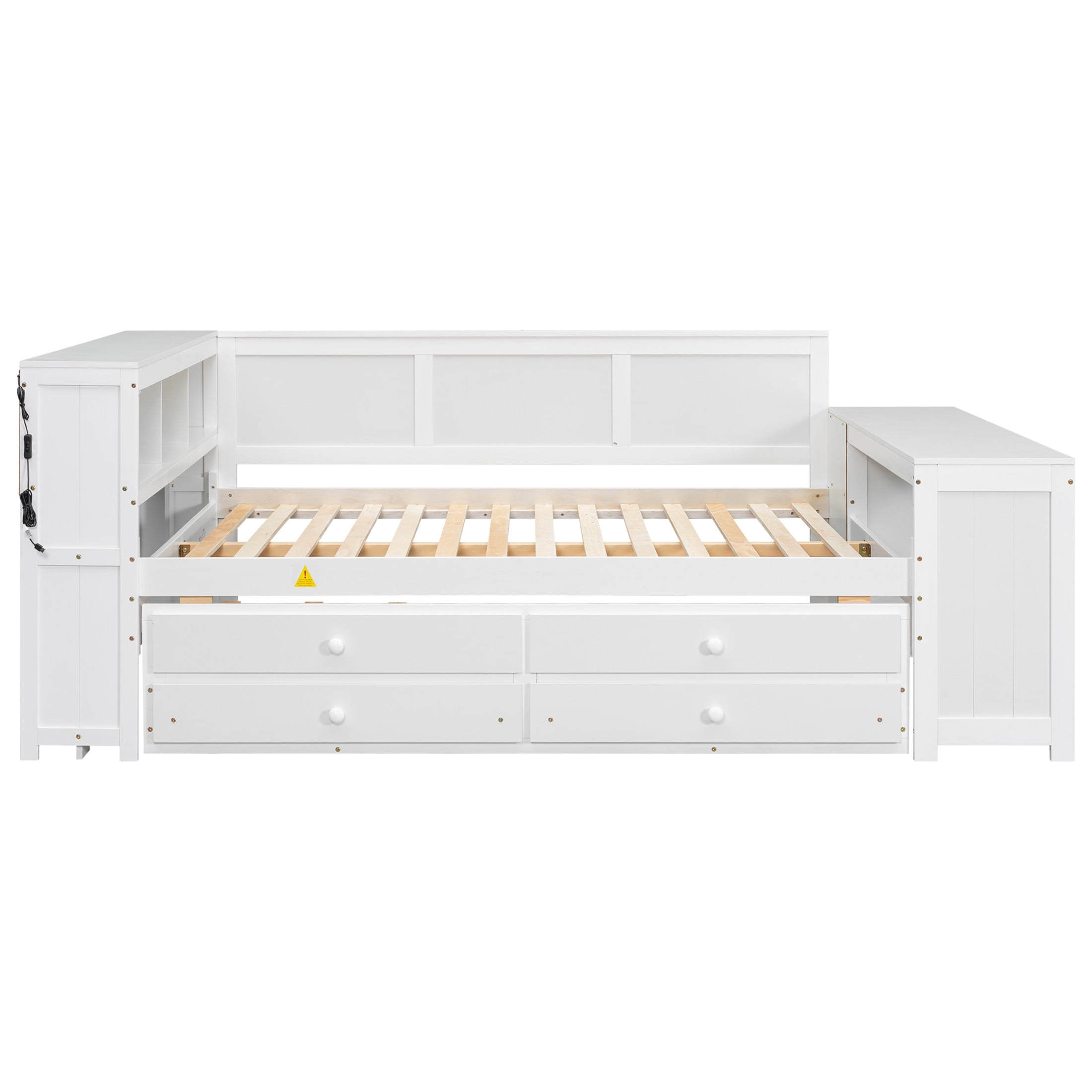 Noble House Maud Full Daybed with Trundle, Storage Shelves, Drawers, Charging Station, LED Light, Built-in Desk, White