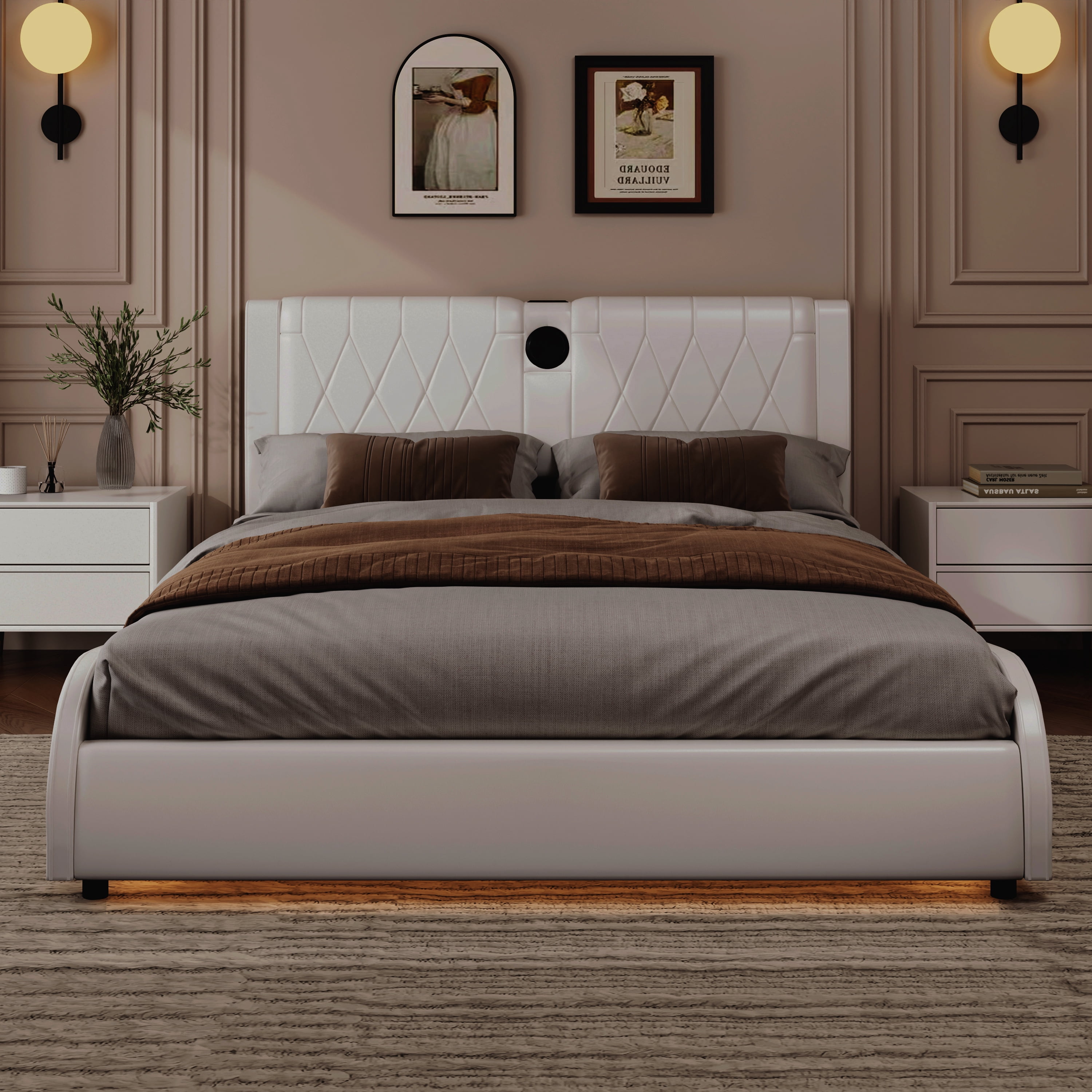 Euroco Faux Leather Upholstered Queen Size Platform Bed with Bluetooth Speakers and RGB LED Light, White