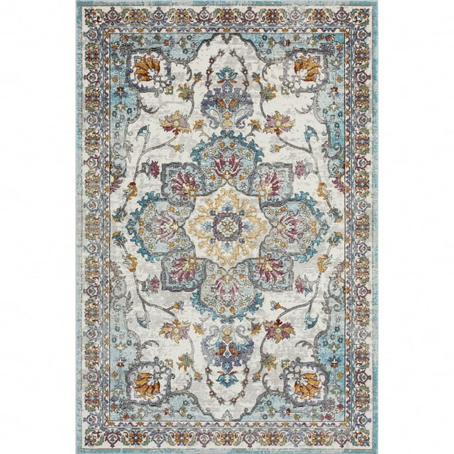 homeroots home decor 395723 5’ x 8’ Blue and Ivory Center Medallion Area Rug