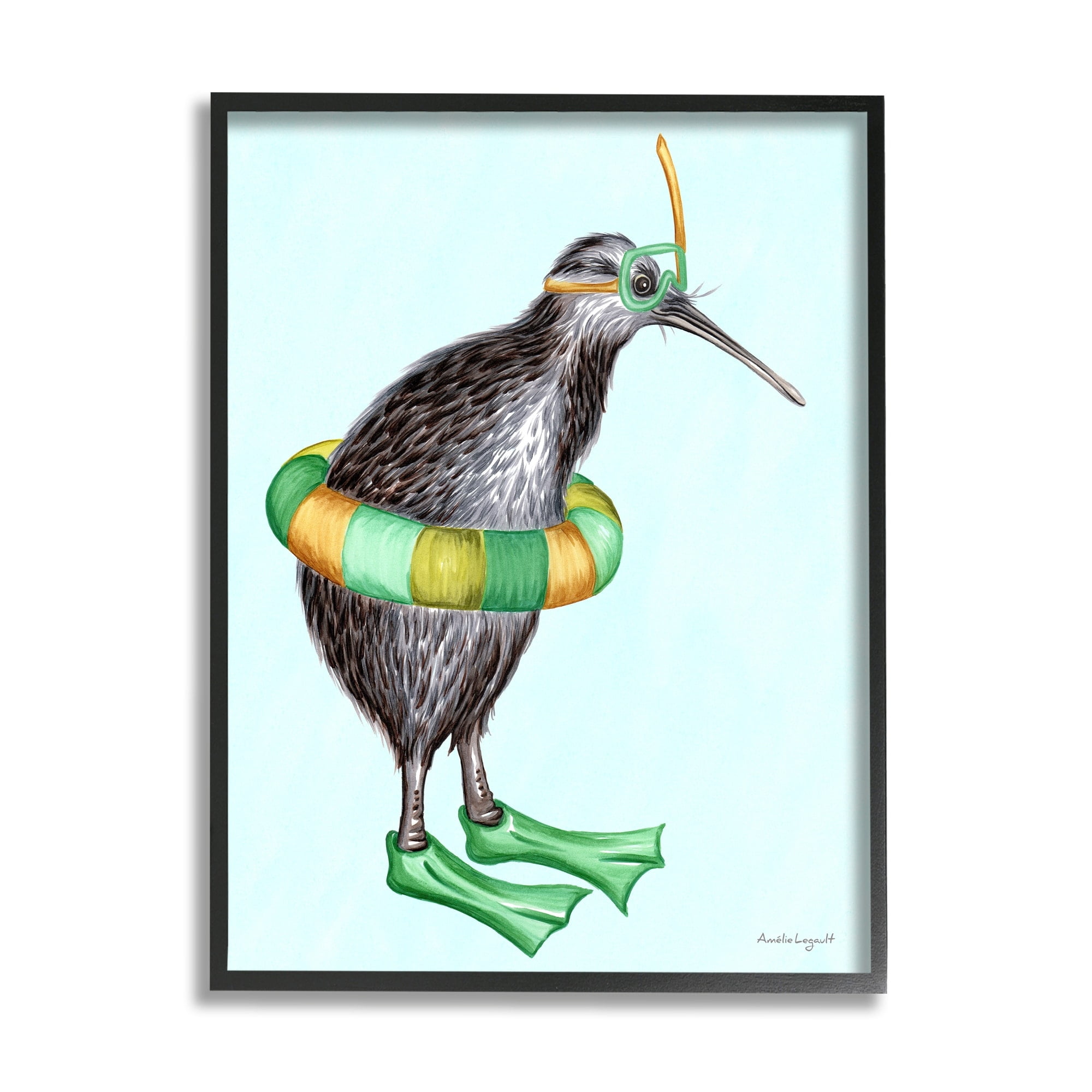 Stupell Industries Kiwi Bird Swimming Tube Flippers Summertime Illustration Graphic Art Gray Framed Art Print Wall Art, Design by Amelie Legault