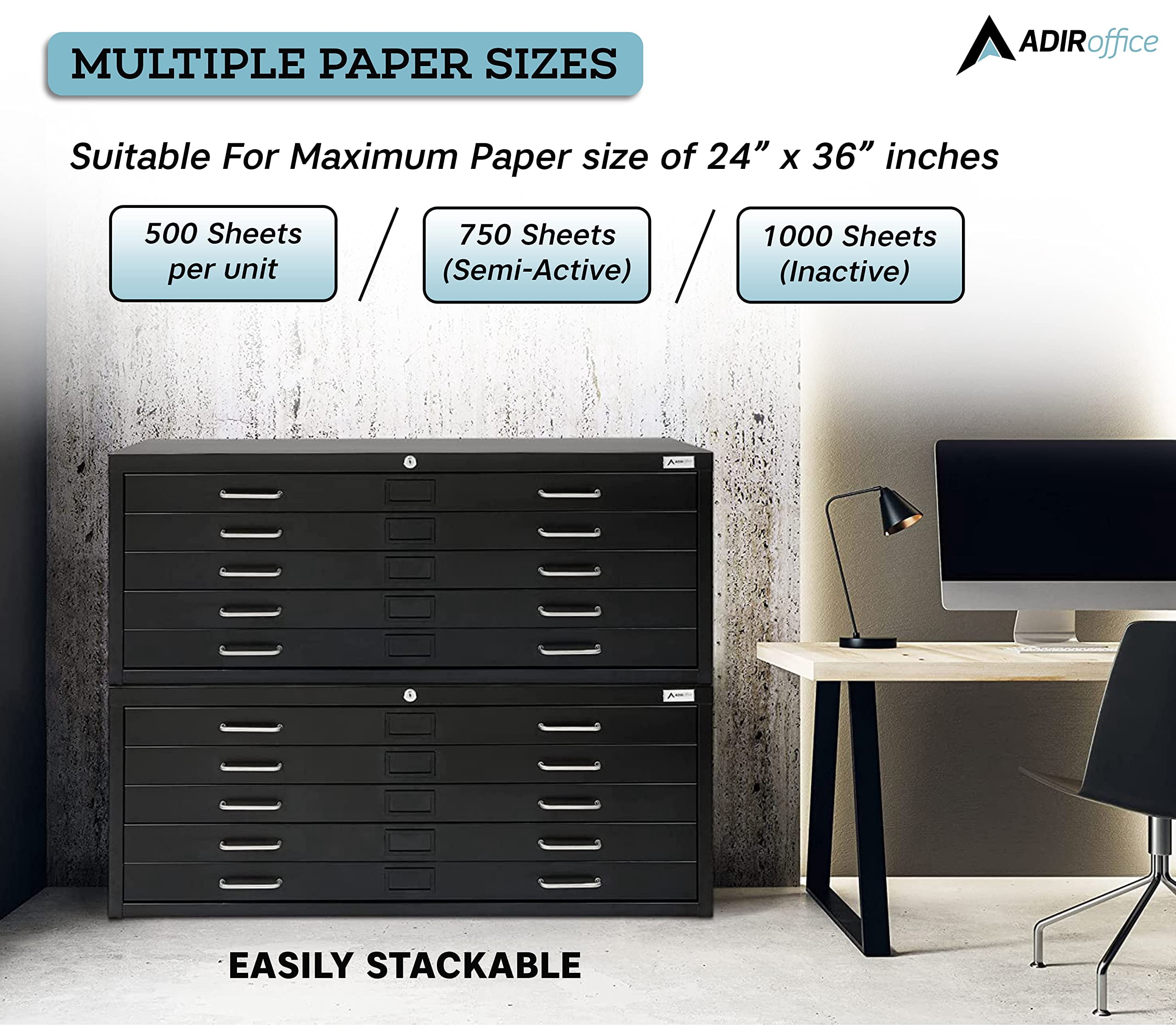 AdirOffice Flat File Cabinet - Heavy Duty 5-Drawer Blueprint Sheets Storage, 29" x 40" Great for Documents Sized 24” x 36”, Ideal for Artists, Art Files, Engineers, Architects, Offices - Black