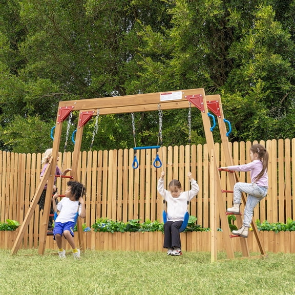 Dolphin Playground Cedar Wood Swing Set with Monkey Bars, Trapeze & 2 Belt Swings | Heavy-Duty Outdoor Backyard Playset for Kids | 440 lbs Capacity