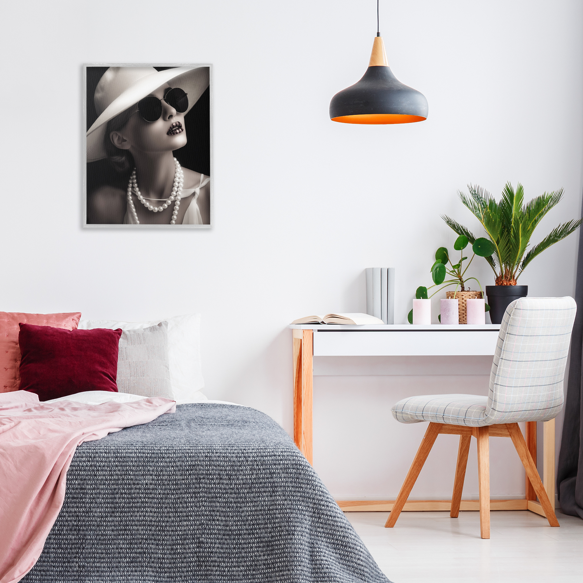 Stupell Industries Trendy Girl with Striped Lips Novelty Painting Gray Framed Art Print Wall Art, 24 x 30
