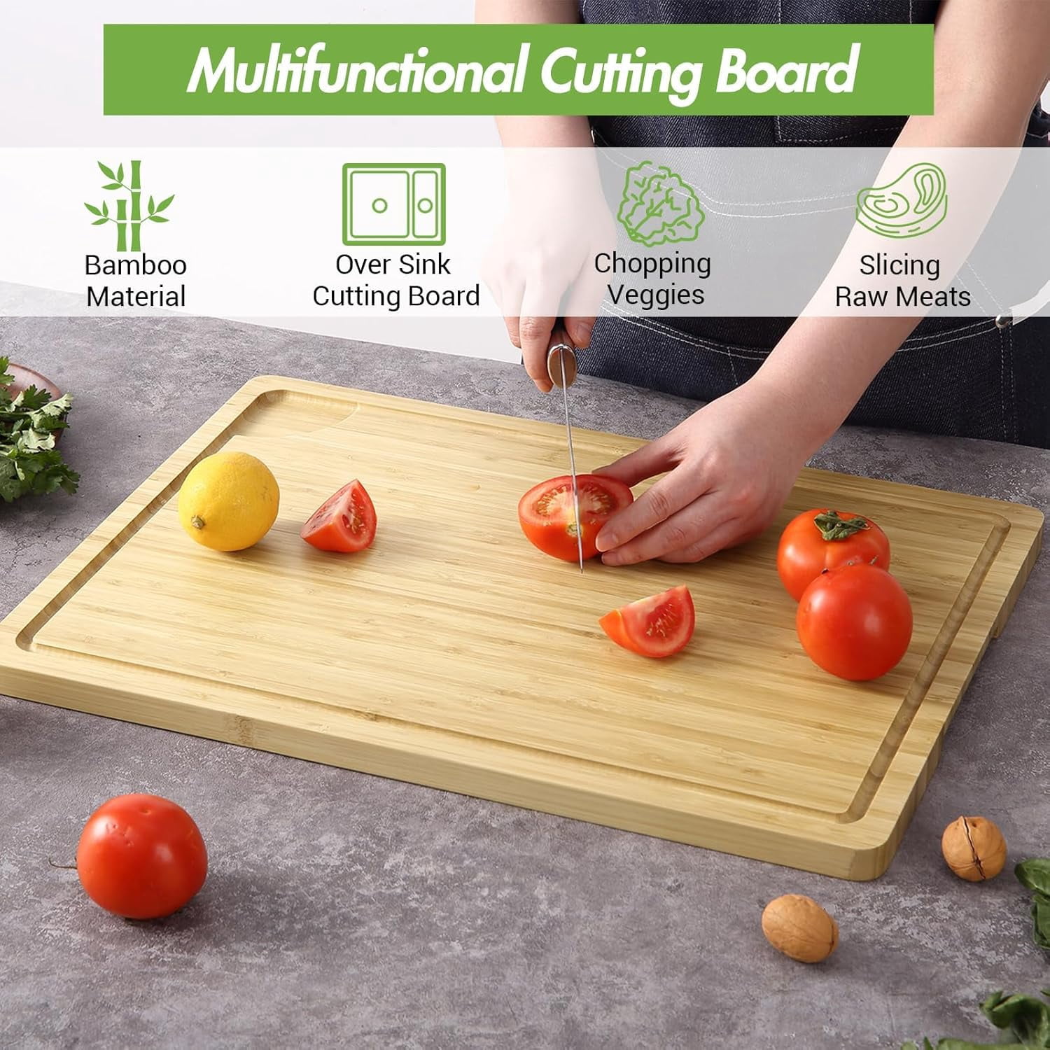 Large Bamboo Cutting Board with Juice Groove and Handle, Reversible Kitchen Cutting Board, Professional Cutting Board, Prep Tray Made of Pre-Oiled Natural Wood, Natural