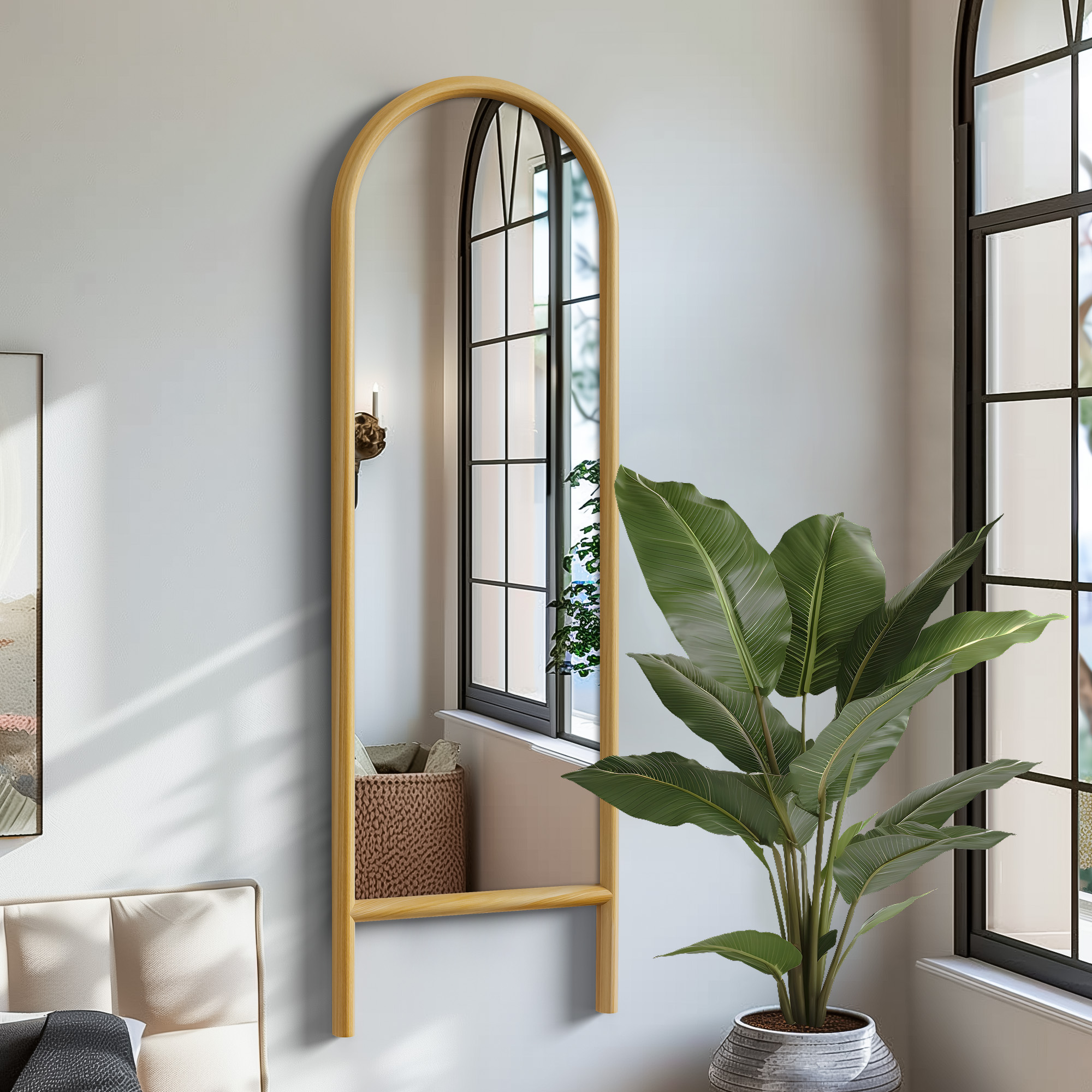 64"x21" Wood Ladder Arched Floor Mirror Full Length Mirror,Natural Color