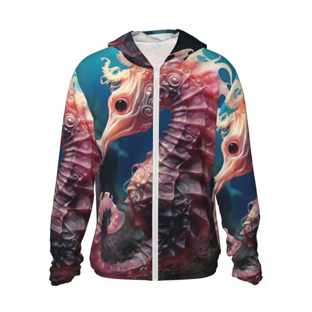 Fotbe Ocean Seahorse Chaqueta con Protección Solar UPF 50+ para Hombre y Mujer, Camisa con Capucha y Bolsillos-XX-Large
