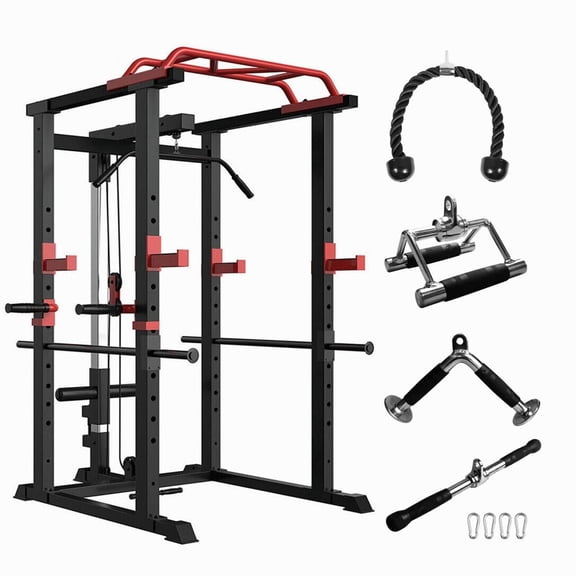 LuckyNote Multi-functional Power Cage 1000Lbs Capacity, Home Adjustable Squat Rack with Pullup Bar, 200Lbs Bumper Plates & 7FT Olympic Bar, Black Red