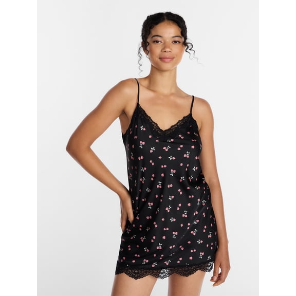 Joyspun Women's Lace Trim Stretch Satin Chemise, Sizes S-3X