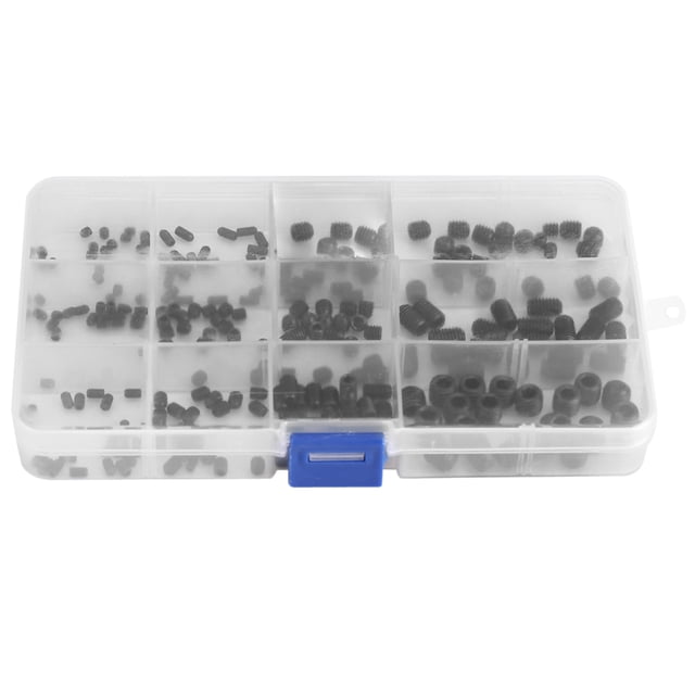 Juego de 240 tornillos hexagonales de acero al carbono con tornillos prisioneros y caja de plástico.