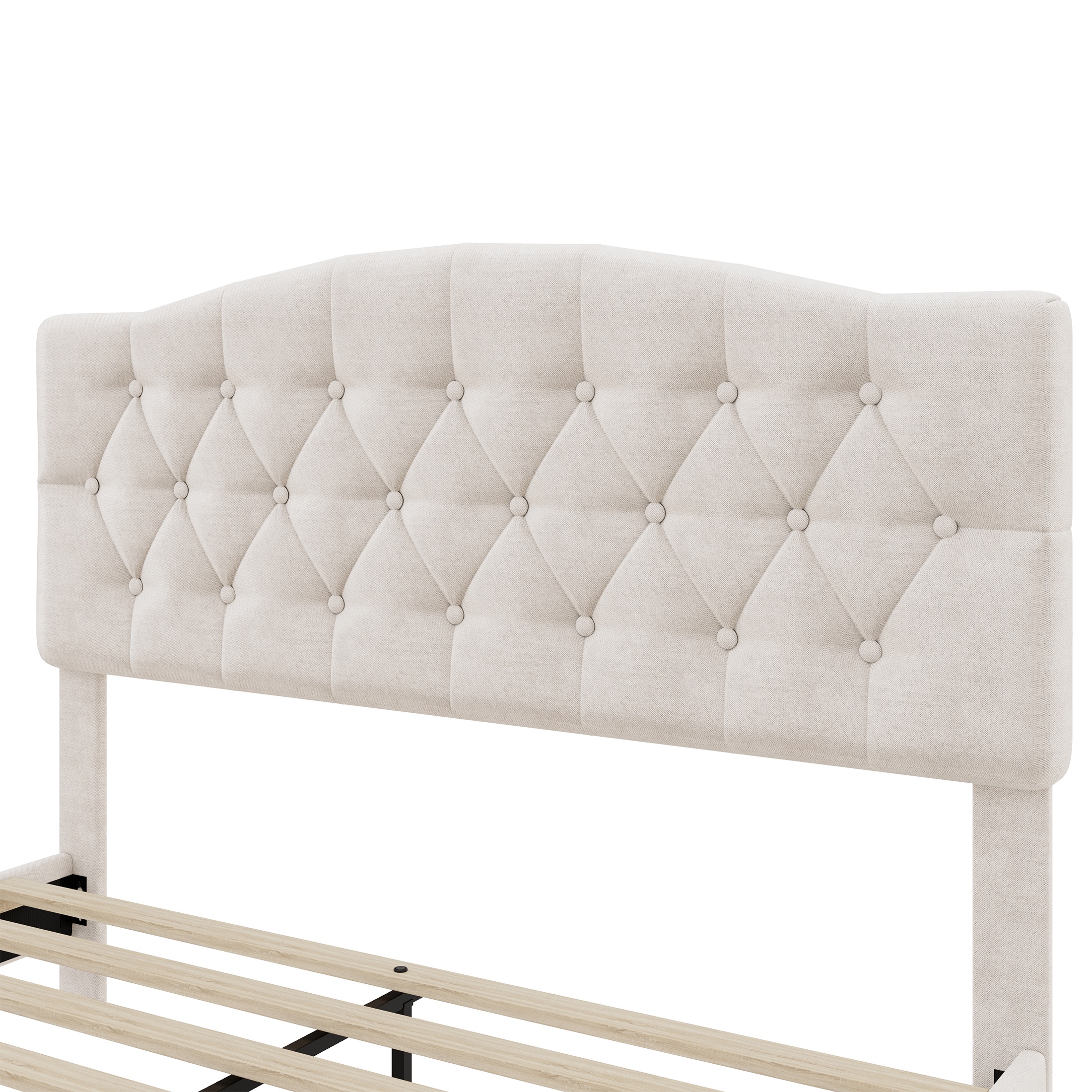 PORKISS Queen Size Linen Bed Frame with Upholstered Button Tufted Adjustable Headboard, Platform Bed with Wooden Slats Support, Holds 800lbs, Beige