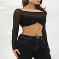 thumbnail image 2 of Women Off Shoulder Long Sleeve Top Mesh Ruched Slim Fit Crop T Shirt Sheer Blouse, 2 of 5