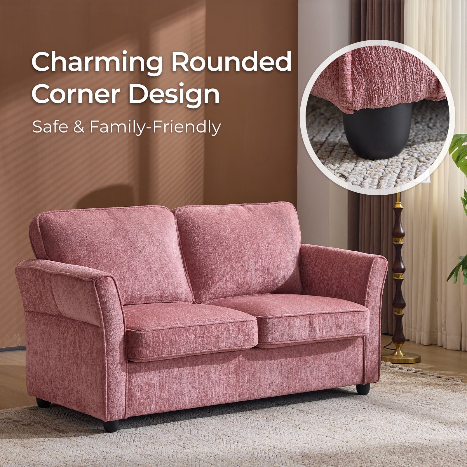 Ktaxon 68" Loveseat Sofa, 2-Seater Chenille Fabric Couch, Compact Sofa for Living Room, Bedroom, Apartment, Small Spaces Pink