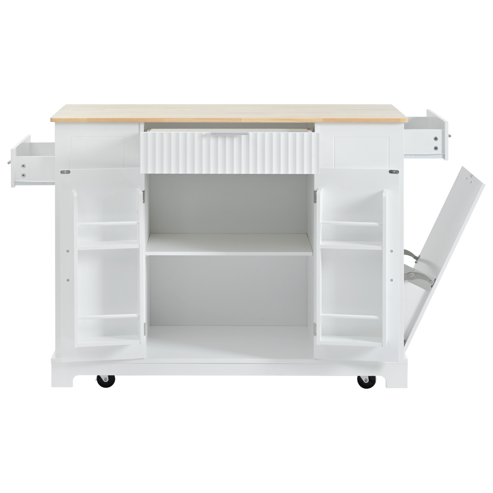 AENKYO Fluted Kitchen Island with Trash Can Storage Cabinet, Power Outlet, Internal Storage Rack, Rolling Kitchen Islands on 5 Wheels with 3 Drawer, 3 Open Side Racks for 10 Gallon Garbage Bin,White