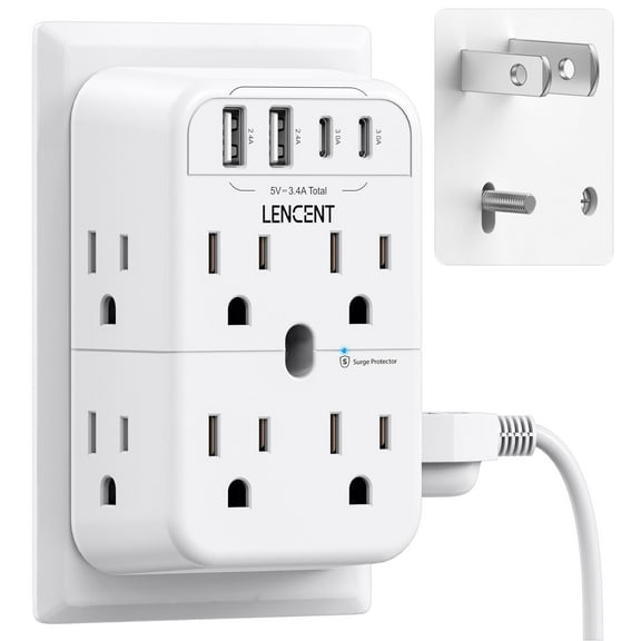 LENCENT Mutli Wall Outlet Extender,2 to 3 Prong Plug Outlet Adapter with Surge Protector 2 Type C&2 USB, 12 way Outlet Polarized Plug,Wall Tap Splitter for Non-Grounded Old House