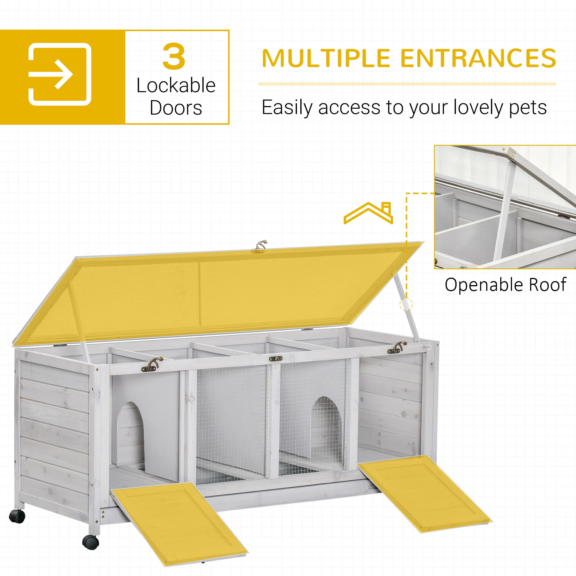 Pet Playpen PawHut Wooden Rabbit Hutch, Bunny Cage with Wheels, Dividers, Openable Roof, Removable Trays, Small Animal Cages for 1-2 Rabbits, Indoor Outdoor Use, Light Gray,Guinea Pig Cage