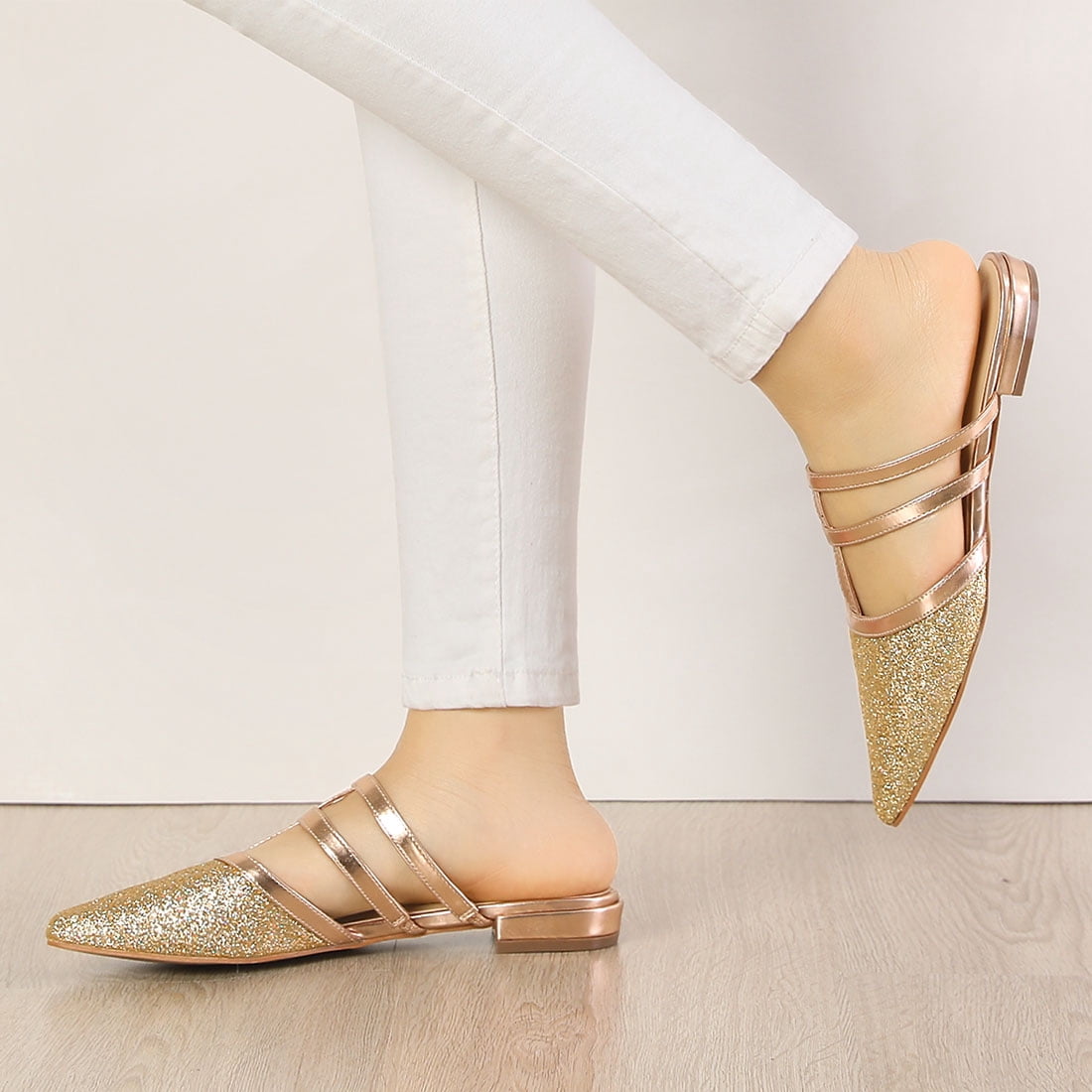 DARING DIVA Women's Glitter Pointed Toe Flats Mules Gold 7