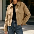 thumbnail image 4 of Admvng Women's Cropped Shacket Jacket Lapel Button Down Comfortable Chest PocketCasual Long Sleeve Ladies Coat Outerwear, 4 of 8